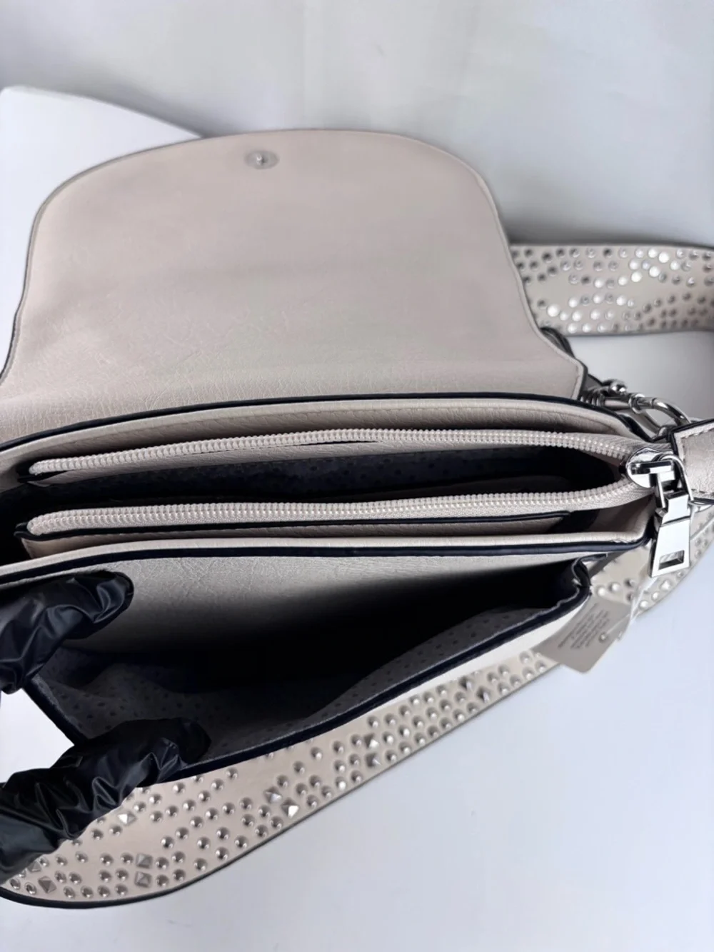 Urban Expressions Vegan Leather Saddle Bag - Studded Crossbody Strap Cream/Ivory - Picture 10 of 12